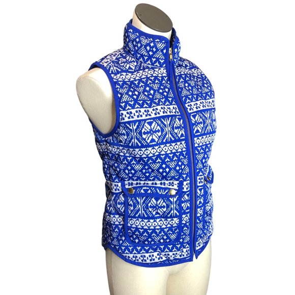J Crew Puffy Winter Vest Womens PXS Blue White Pockets Fair Isle Excursion Outer - Picture 8 of 15